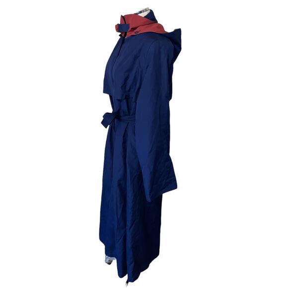 Vintage Investment Hooded Belted Trenchcoat Blue and Red Women's Size 10 - Picture 9 of 16